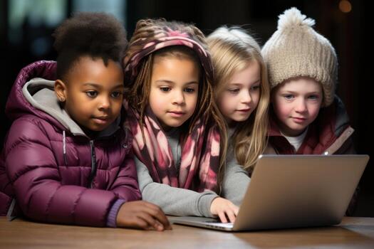 AI generated Four children excitedly gaze at a laptop screen exploring the wonders of technology together in a shared moment of curiosity and learning, educational picture photo