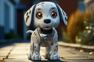 AI generated animated robotic dog stands with realistic motions, pet photography photo