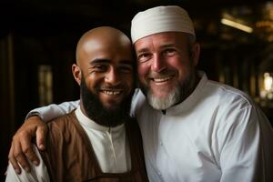 AI generated Two muslim men share a heartfelt hug in white, islamic images photo
