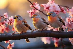 ai generado vibrante pájaros cantores en medio de Cereza florecer perchas, primavera fotografía foto