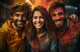 ai generado alegre holi festividades amigos sonriente en medio de colores, holi festival imágenes hd foto