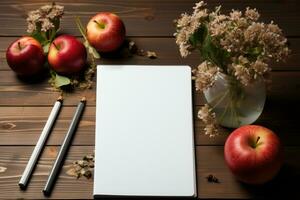 AI generated A rustic table setting with a notebook apples and clipper cards, educational photo