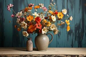ai generado vibrante flores silvestres en Clásico florero en de madera mesa, enamorado, Fechado y amor propuesta imagen foto
