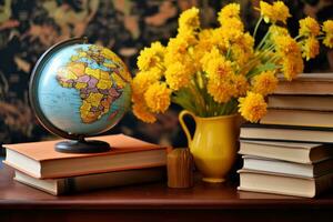 AI generated Celebrating teacher day with flowers books and a globe, diverse education and teachers day image photo