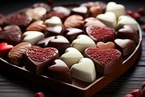 AI generated Heart shaped chocolates on a piano keyboard, valentine, dating and love proposal image photo