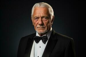 AI generated Old gentleman posing in tuxedo, diverse active seniors pictures photo