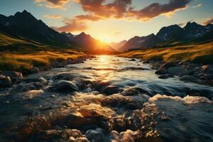 AI generated Mountain lake reflections sunset radiant farewell, beautiful sunrise image photo