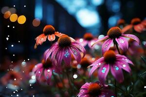 AI generated Flowers aglow under the night sky, spring photography photo