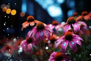 ai generado flores radiante debajo el noche cielo, primavera fotografía foto