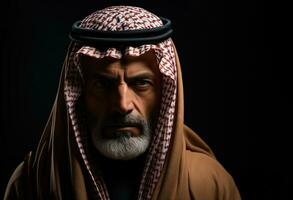 ai generado negrita saudi hombre confronta el oscuridad con determinación, islámico imágenes foto