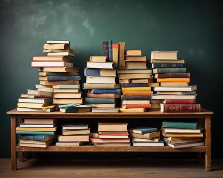 ai generado un ordenado pila de libros con un pizarra fondo, educativo imagen foto