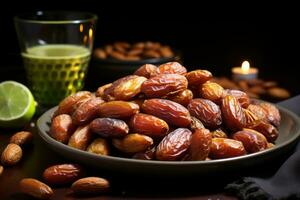 AI generated Minimalistic shot showcasing the natural beauty of a plate filled with dates, islamic images photo