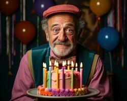 ai generado Envejecido Caballero con cumpleaños pastel, activo personas mayores estilo de vida imágenes foto