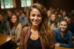 AI generated Woman engages with students in front of a blackboard, education pictures for website photo