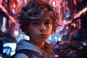 AI generated A boy immersed in reading in a futuristic city oasis with neon lights and skyscrapers, book photography photo