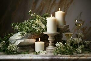AI generated Romantic dining with candles on a riverside cruise, engagement, wedding and anniversary image photo