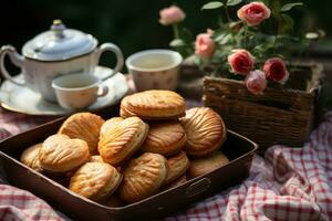 ai generado corazón conformado galletas en Clásico estaño en picnic frazada, enamorado, Fechado y amor propuesta imagen foto