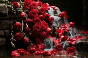 AI generated Nature portrayal of endless affection through red roses descending like a waterfall, valentine, dating and love proposal image photo