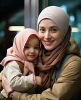 AI generated Radiant woman with white hair and pink hijab cradles adorable baby boy in her arms, islamic images photo