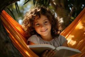 AI generated Blissful reading in a hammock under palm trees, beautiful book images photo