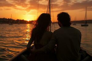 AI generated Couple on a sailboat against a breathtaking sunset backdrop, valentine, dating and love proposal image photo