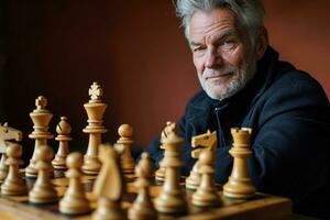 AI generated Senior businessman at chess, active seniors lifestyle images photo