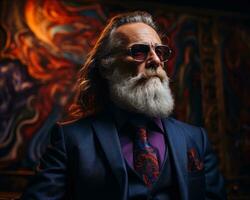 AI generated Bearded old man in fashionable suit and glasses, happy active seniors images photo