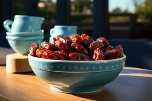 AI generated Sweet and succulent dates arranged in a bowl on a rustic blue wooden table, islamic images photo