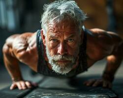 AI generated An older man working out doing push ups at the gym, happy active seniors images photo