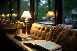 AI generated Cozy reading on a rainy day with raindrops dancing on the window, book photos hd