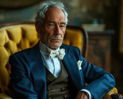AI generated A gentleman in a fancy suit sitting on a yellow chair, diverse active seniors pictures photo
