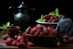 AI generated Ripe and succulent dark red dates on a rustic wooden table, islamic images photo