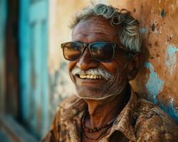 ai generado sonriente abuelo con frio Gafas de sol, imágenes de mayor los ciudadanos foto