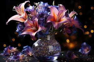 AI generated Couple floral moment in a magical cultural festival with floating lanterns, valentine, dating and love proposal image photo