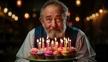 AI generated Senior delighting in cake and candles, happy active seniors images photo