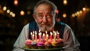 ai generado mayor deleitando en pastel y velas, contento activo personas mayores imágenes foto