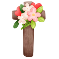 cute easter wooden cross with colorful flowers watercolor digital art png