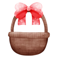 rattan basket with fresh vivid pink bow tie watercolor isolated png