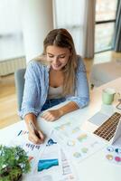 Young woman working laptop. Business woman busy working on laptop computer at office. Businesswoman sitting at bright modern work station and typing on laptop photo