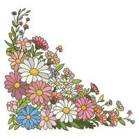 corner of bunch of flowers with copy space. border frame. cartoon style. Vector illustration.