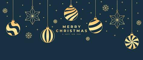 Luxury christmas and happy new year concept background vector. Elegant gold hanging bauble ball line art decorated with snowflake on dark blue background. Design for wallpaper, card, cover, poster. vector