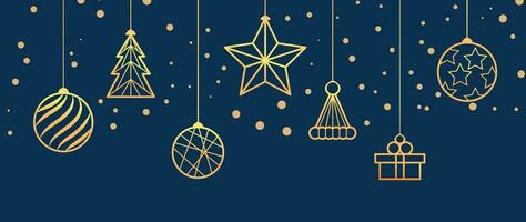 Luxury christmas and happy new year concept background vector. Elegant gold hanging bauble ball line art deco with gift, star, tree, snow on dark blue background. Design for wallpaper, card, cover. vector