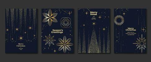 Elegant christmas invitation card art deco design vector. Luxury christmas tree, twinkling line and spot texture on blue background. Design illustration for cover, poster, wallpaper. vector
