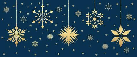 Luxury christmas and happy new year concept background vector. Elegant gold hanging bauble ball line art deco with snowflake, star, flower on dark blue background. Design for wallpaper, card, cover. vector