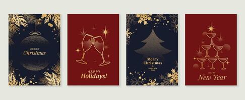 elegante Navidad invitación tarjeta Arte deco diseño vector. lujo Navidad árbol, vino vaso, follaje Mancha textura en oscuro azul y rojo antecedentes. diseño ilustración para cubrir, póster, fondo de pantalla. vector