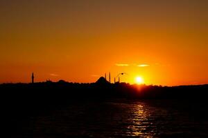 Silhouette of Istanbul. Seagull and mosque with sun. photo