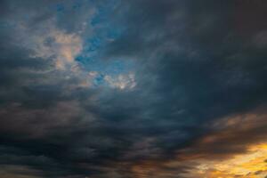 Dramatic cloudy sky background photo. Cloudscape at sunrise or sunset photo