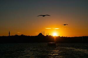 silueta de Estanbul con gaviotas y mezquitas a puesta de sol. foto