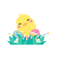 Cartoon chick with Easter eggs in the grass and Easter egg search activity with children. png