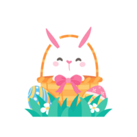 Cartoon little bunny in a basket of Easter eggs painted with bright patterns. png